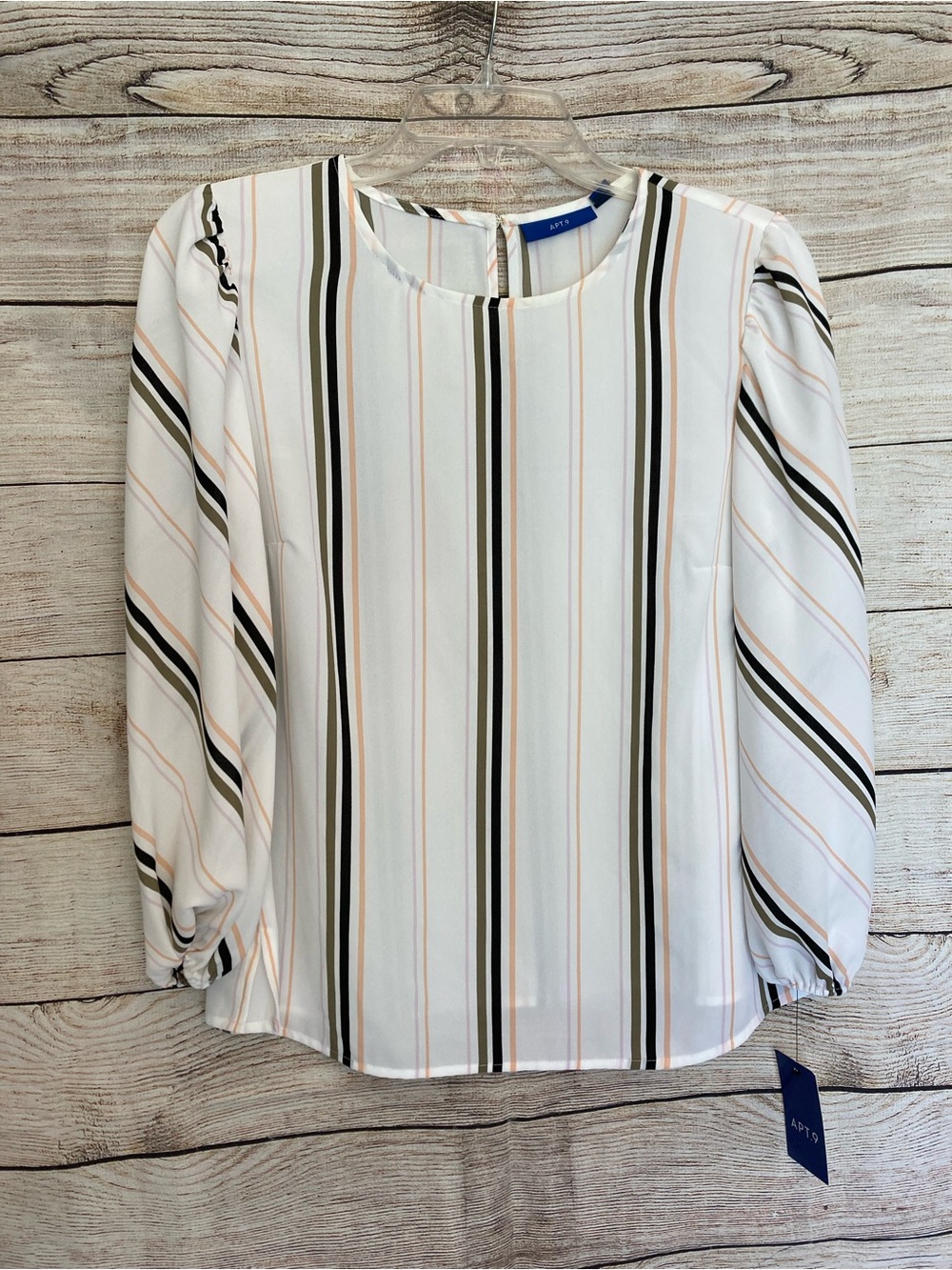 Apt. 9 White Striped Long-Sleeve Blouse with Black and Peach Accents